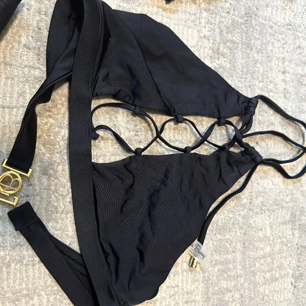 Beach Bunny 3-pc swimwear skylar wrap Halter Swim top High Waist bottom black